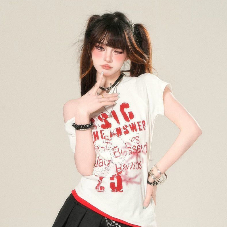Slant Shoulder Short-sleeved T-shirt