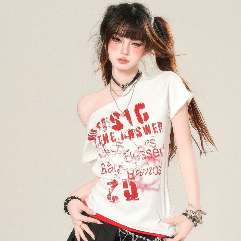 Slant Shoulder Short-sleeved T-shirt